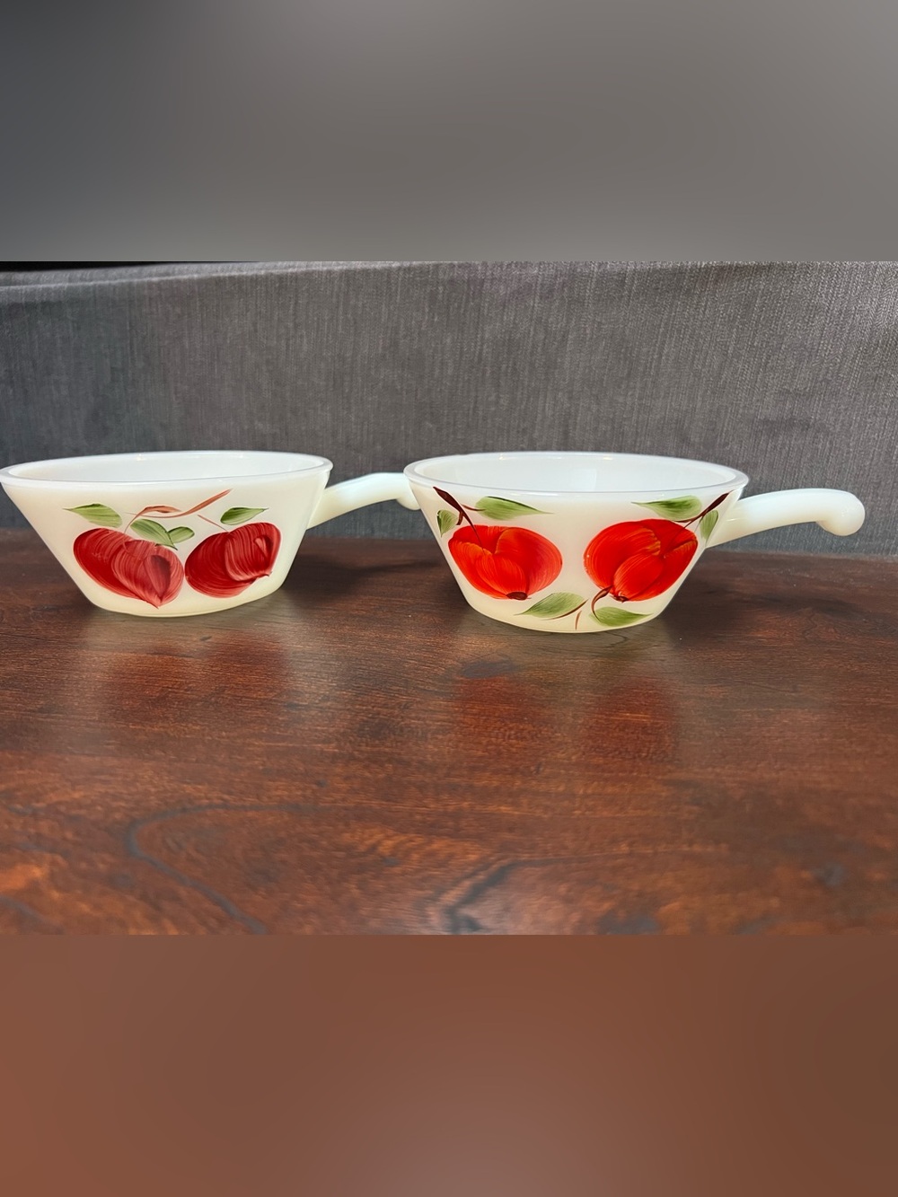 Anchor Hocking Fire King Splash Proof red apple & peach pair of bowls U.S.A. EUC